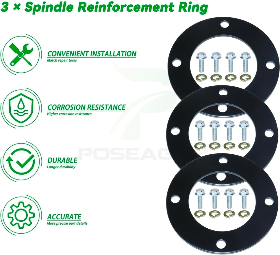 Upgraded 3 Pack High-Strength Deck Spindle Reinforcement Rings
Include Mouting Bolts for John Deere All Series Lawn Tractors and Lawn Mowers