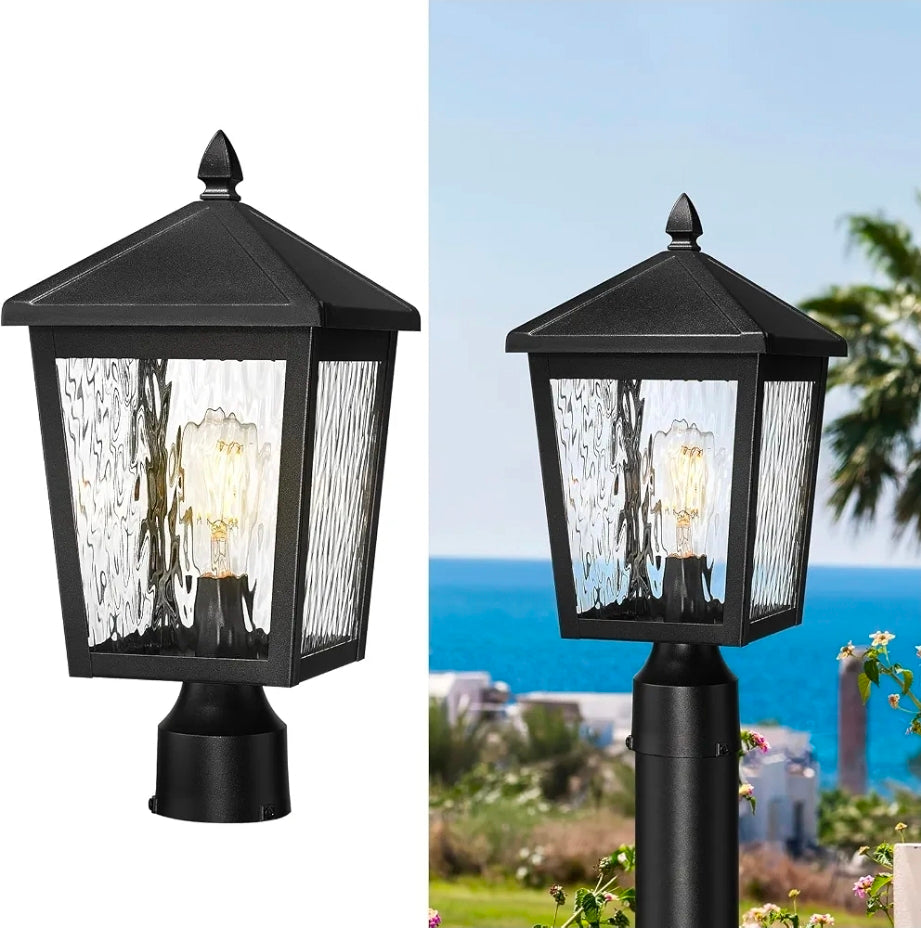 Large Lamp Post Light Fixture, 16.1 Inch Outdoor Post Lamps for House Garden, Die-Cast Aluminum with Water Ripple Glass, Black Finish, 20076P BK-WP