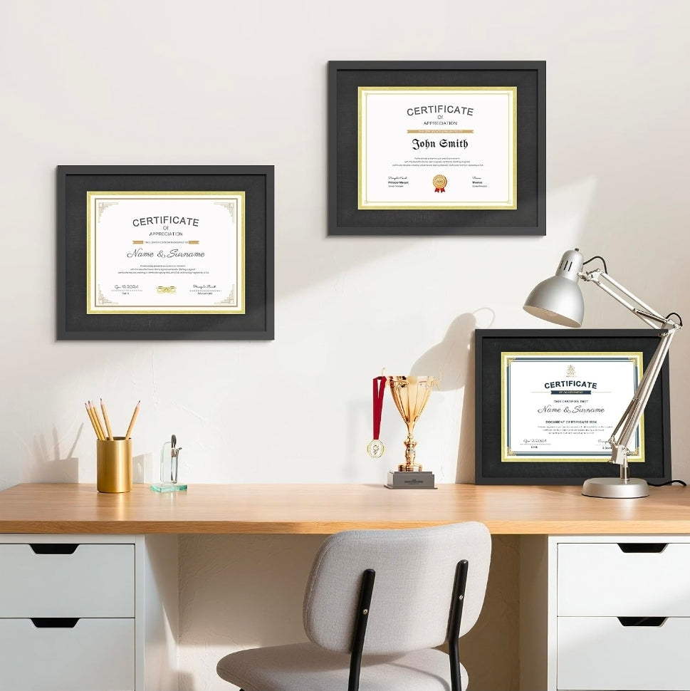 11x14 Black Diploma Frames,Gold & Black Mats,Real Glass
Wall or Tabletop Display,Display 8.5x11 with Mat or 11x14 Without Mat,Black Backboard, 2 Pack