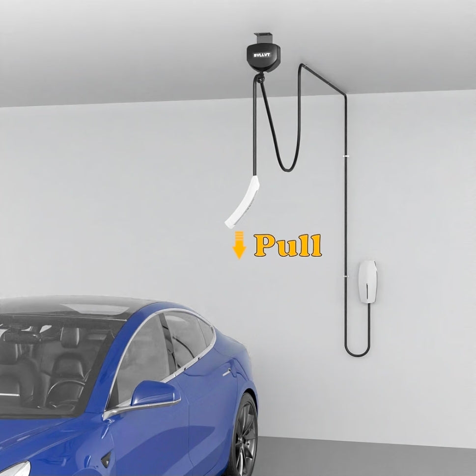 EV Charger Cable Retractor - 11.5ft Ceiling Mounted Automatic Retractable Cable Organizer for Electric Vehicle Charging, Universal Fits 95% of EV Charging Cables