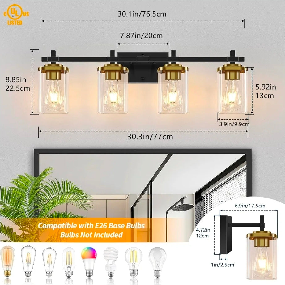 4-Lights Black and Gold Bathroom Vanity Light, Modern Bathroom Wall Sconces Lighting with Clear Glass Shade, Gold Vanity Lights for Bathroom Bedroom Living Room Porch