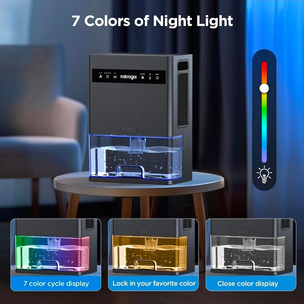 106 OZ Large Capacity Dehumidifier for Home, 1000 Sq. Ft. Coverage
Quiet Portable Dehumidifier for Basement Bedroom Bathroom RV with Auto Shut Off, Timer, Sleep Mode, 7 Color LED Light, Black