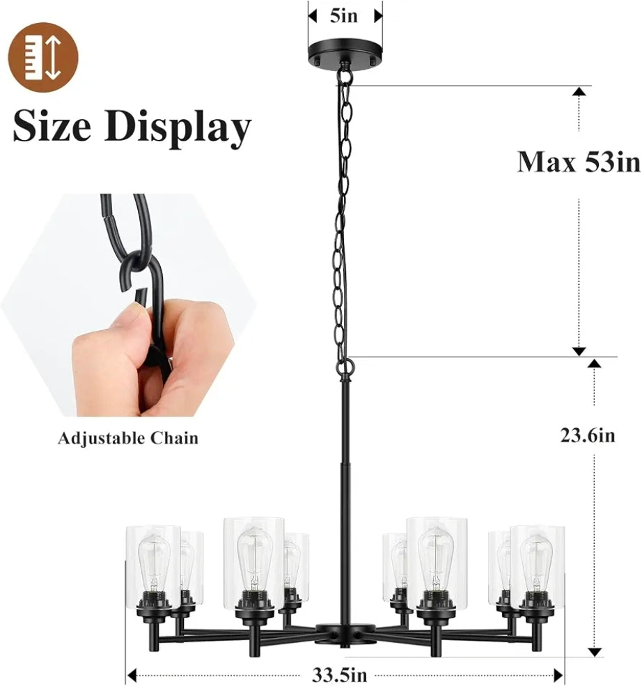 D33.5" Chandelier for Dining Room, 8-Light Black Kitchen Light Fixture
Hanging Height Adjustable, Modern Farmhouse Style, Clear Glass Shade & Durable Metal, Quick & Easy Installation