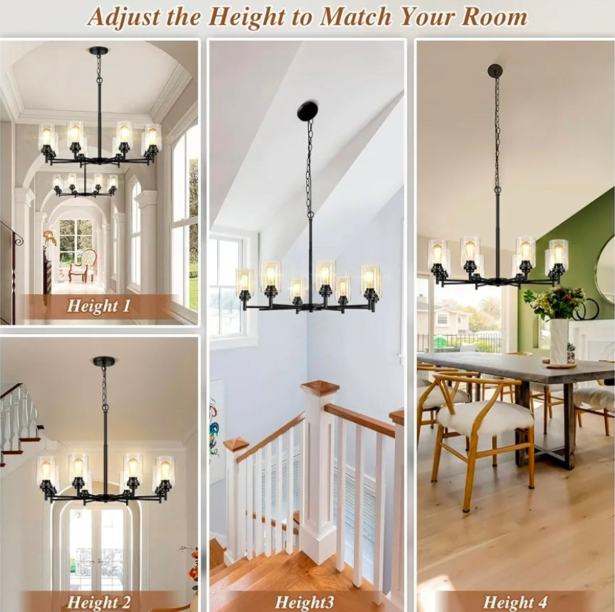 D33.5" Chandelier for Dining Room, 8-Light Black Kitchen Light Fixture
Hanging Height Adjustable, Modern Farmhouse Style, Clear Glass Shade & Durable Metal, Quick & Easy Installation