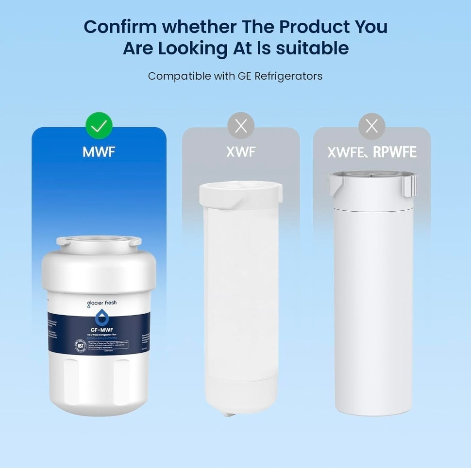 GLACIER FRESH MWF Refrigerator Water Filter Compatible with GE, 1-Pack
Compatible with SmartWater MWFP, MWFA, GWF, HDX FMG-1, WFC1201, RWF1060, 197D6321P006, Kenmore 9991