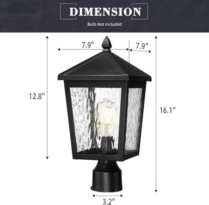 Large Lamp Post Light Fixture, 16.1 Inch Outdoor Post Lamps for House Garden, Die-Cast Aluminum with Water Ripple Glass, Black Finish, 20076P BK-WP
