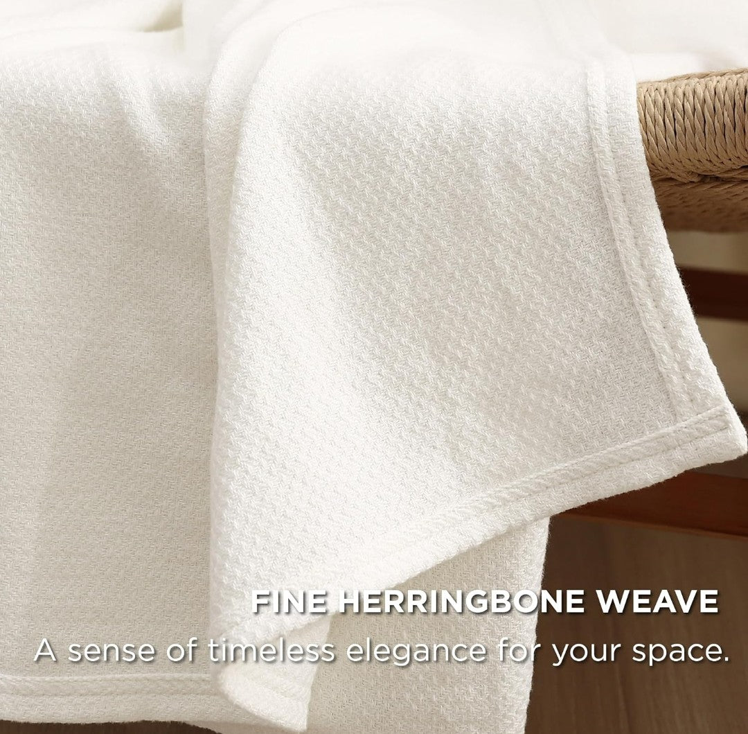Bedsure Queen Cotton Blanket - Cream Herringbone Weave (90x90)