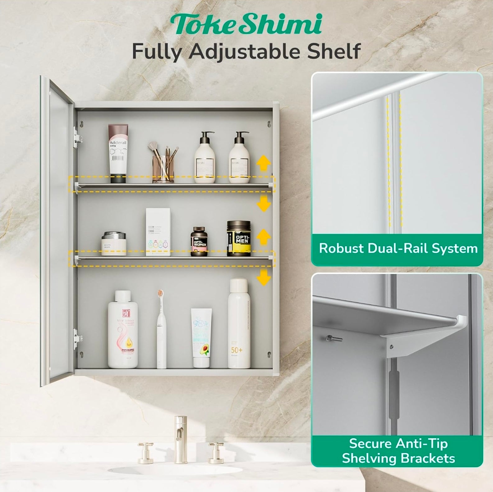 16 x 20 Mirrored Medicine Cabinet, Tempered Beveled Mirror, Silver Medicine Cabinet for Bathroom, Assembly Required, Stepless Adjustable Shelves, Recessed/Wall Mount
