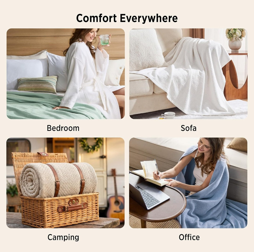 Bedsure Queen Cotton Blanket - Cream Herringbone Weave (90x90)