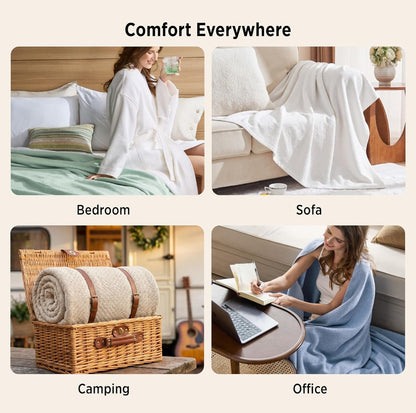 Bedsure Queen Cotton Blanket - Cream Herringbone Weave (90x90)
