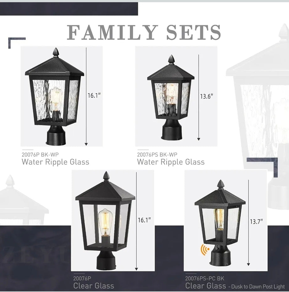 Large Lamp Post Light Fixture, 16.1 Inch Outdoor Post Lamps for House Garden, Die-Cast Aluminum with Water Ripple Glass, Black Finish, 20076P BK-WP