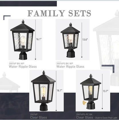 Large Lamp Post Light Fixture, 16.1 Inch Outdoor Post Lamps for House Garden, Die-Cast Aluminum with Water Ripple Glass, Black Finish, 20076P BK-WP