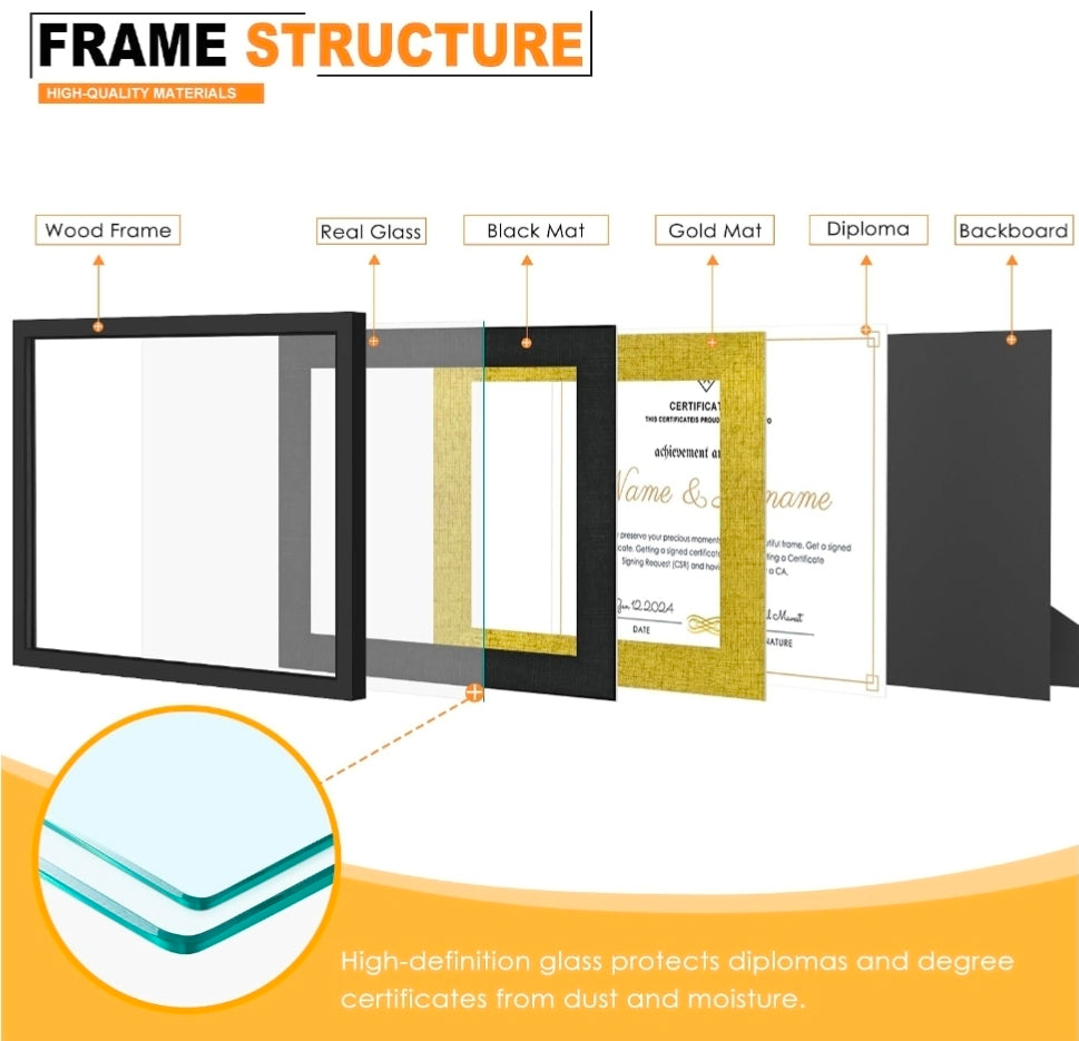 11x14 Black Diploma Frames,Gold & Black Mats,Real Glass
Wall or Tabletop Display,Display 8.5x11 with Mat or 11x14 Without Mat,Black Backboard, 2 Pack