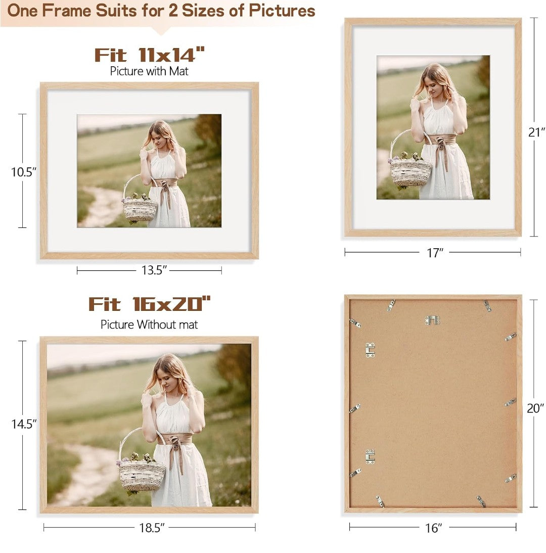 16x20 Solid Wood Frame – Natural Oak Picture Frame with 11x14 Mat