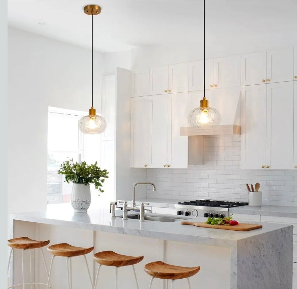 Glass Pendant Lights Kitchen Island 8 Inch Adjustable Pendant Light Fixtures with Hand-Blown Hammer Glass Farmhouse Hanging Light for Kitchen Sink Dining Room Bedroom Hallway