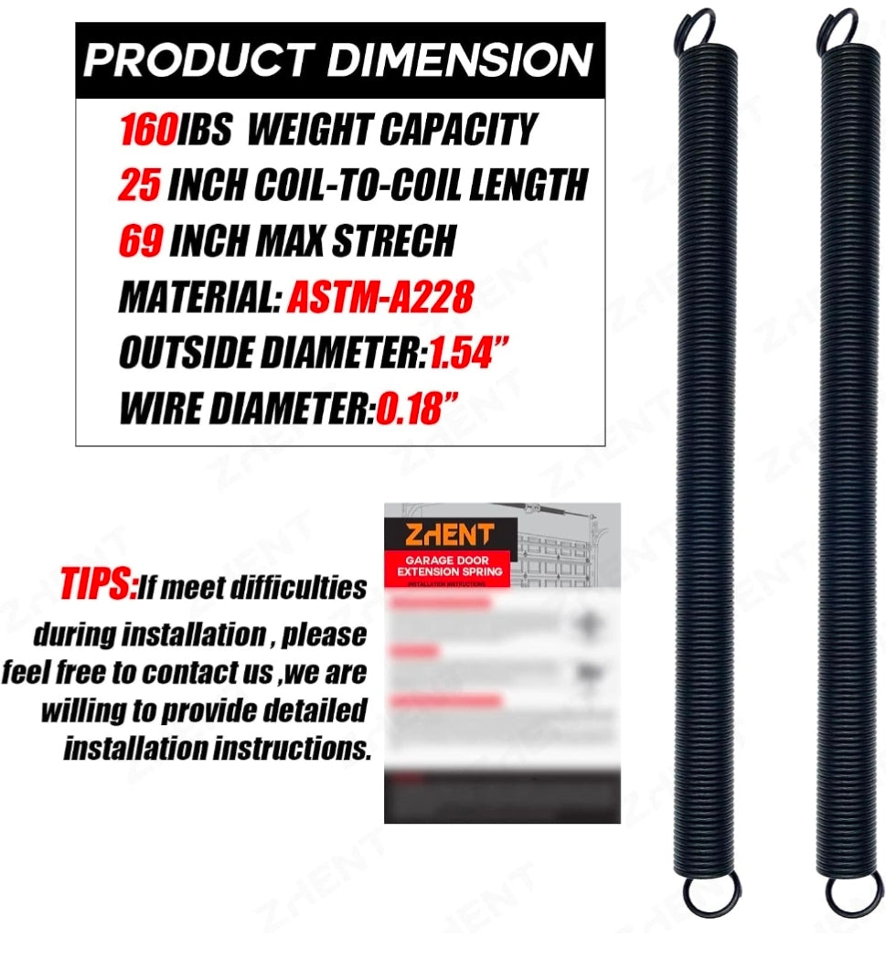 Pair of 160 lbs Heavy Duty Garage Door Extension Springs Stretch Spring,High Precision Electrophoresis Black Coated for Corrosion Resistance,MIN 18000 Cycles for 7ft Garage Door Springs Replacement