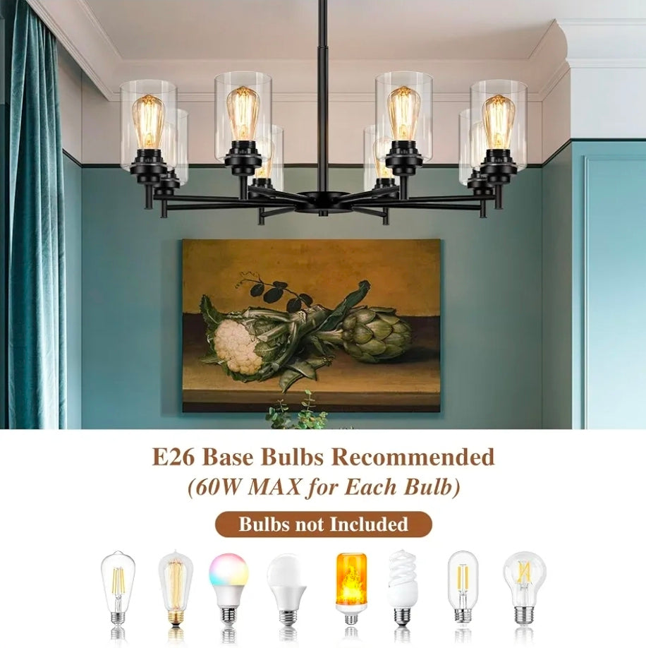 D33.5" Chandelier for Dining Room, 8-Light Black Kitchen Light Fixture
Hanging Height Adjustable, Modern Farmhouse Style, Clear Glass Shade & Durable Metal, Quick & Easy Installation