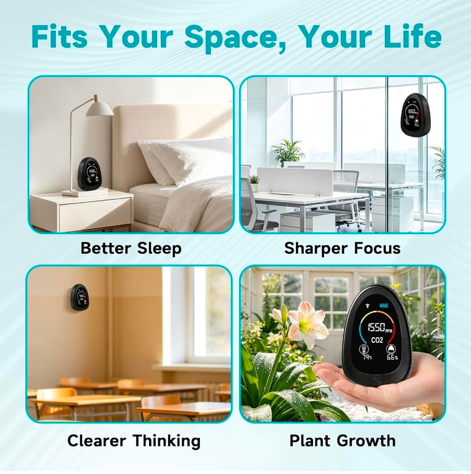 Portable CO2 Monitor Indoor Air Quality Monitor for Home Office
Carbon dioxide detector for CO2, temp & humidity, co2 detector with 1500mAh backup battery, 2.4GHz Wi-Fi, free app