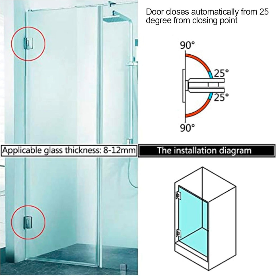 2 Pack 90 Degree Shower Door Hinges, 304 Stainless Steel
4 MM Thick 304 Stainless Steel, Brushed Finish, Non-Slip Gaskets, and Two-Way Swing for 8-12 MM Toughened Glass
