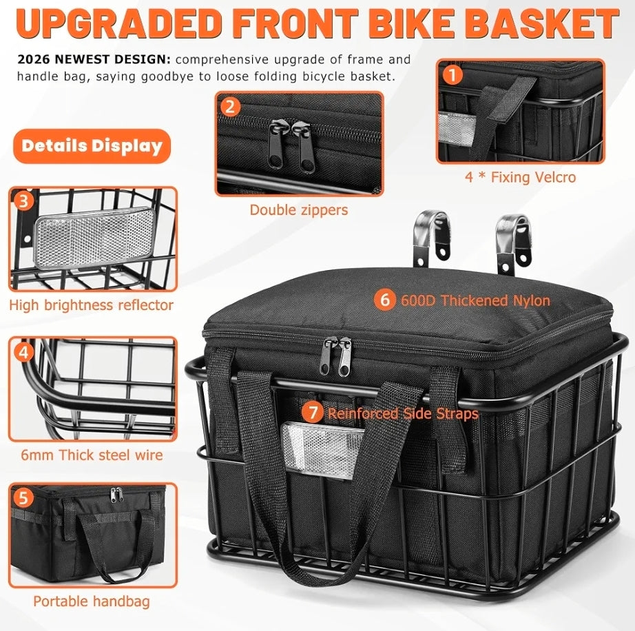 Bike Basket Front with Removable Liner Bag, Large Bicycle Front Basket for Men Women, Heavy Duty Metal Bike Cargo Basket for Adult Bikes, Ebike, Electric Bike, Mountain Bike, City Bike, Cruiser
