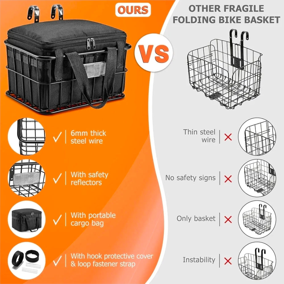 Bike Basket Front with Removable Liner Bag, Large Bicycle Front Basket for Men Women, Heavy Duty Metal Bike Cargo Basket for Adult Bikes, Ebike, Electric Bike, Mountain Bike, City Bike, Cruiser