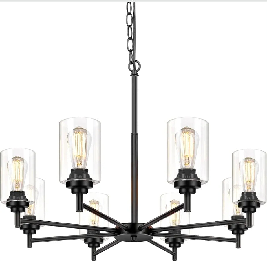 D33.5" Chandelier for Dining Room, 8-Light Black Kitchen Light Fixture
Hanging Height Adjustable, Modern Farmhouse Style, Clear Glass Shade & Durable Metal, Quick & Easy Installation