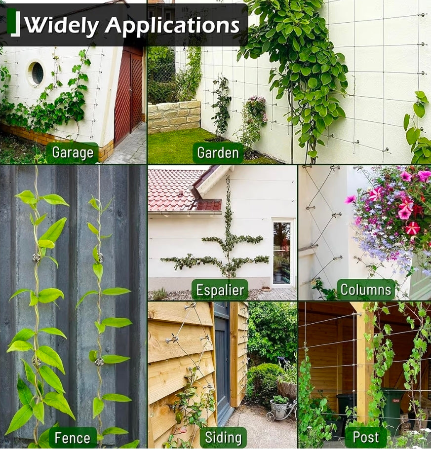 Wire Trellis Kit, 12-Set 5/64” (2mm) Crosshead Kit with 53ft Cable
T316 Marine Grade Stainless Steel, Wall-Mounted Cable Trellis for Climbing Plants Outdoor, Garden Fence Espalier System