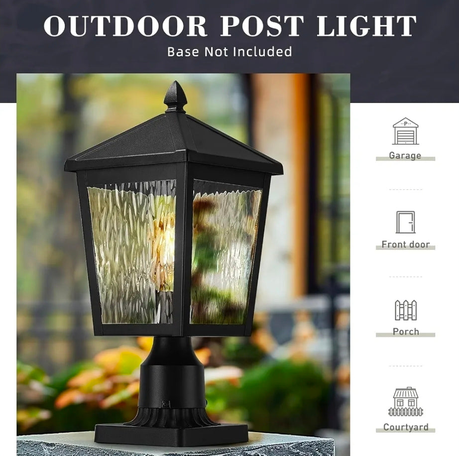 Large Lamp Post Light Fixture, 16.1 Inch Outdoor Post Lamps for House Garden, Die-Cast Aluminum with Water Ripple Glass, Black Finish, 20076P BK-WP