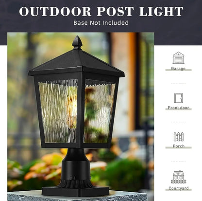 Large Lamp Post Light Fixture, 16.1 Inch Outdoor Post Lamps for House Garden, Die-Cast Aluminum with Water Ripple Glass, Black Finish, 20076P BK-WP