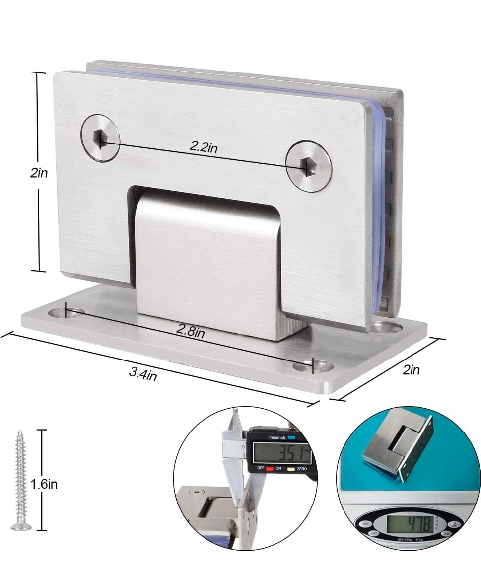 2 Pack 90 Degree Shower Door Hinges, 304 Stainless Steel
4 MM Thick 304 Stainless Steel, Brushed Finish, Non-Slip Gaskets, and Two-Way Swing for 8-12 MM Toughened Glass
