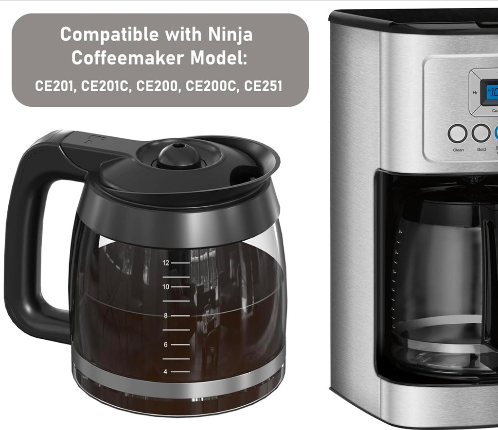 CE251 12-Cup Glass Carafe Pot Replacement Compatible with Ninja Coffee Brewer Maker, Fit Models CE251 CE201 CE201C CE200 CE200C Model# XGLSLID200, 1 Pack