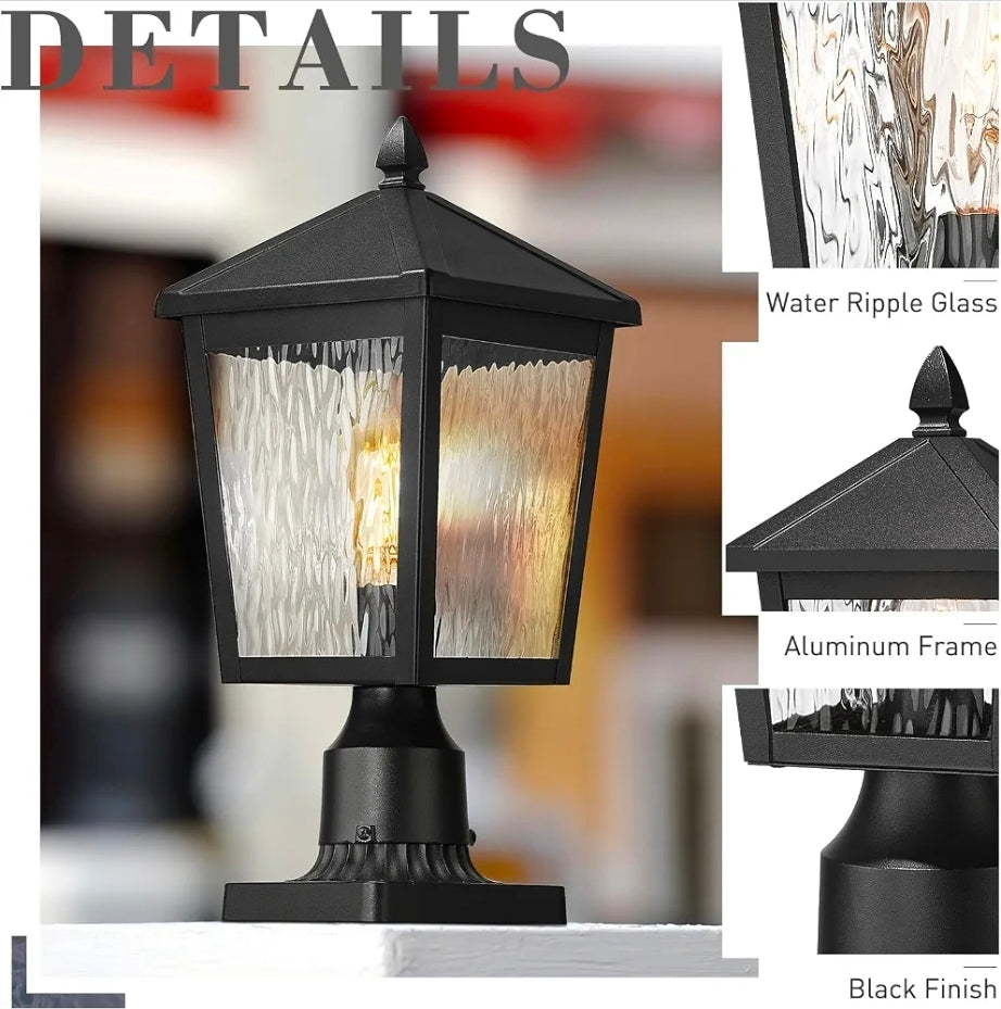 Large Lamp Post Light Fixture, 16.1 Inch Outdoor Post Lamps for House Garden, Die-Cast Aluminum with Water Ripple Glass, Black Finish, 20076P BK-WP