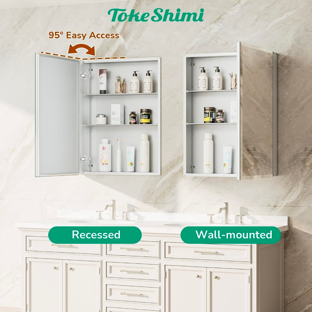 16 x 20 Mirrored Medicine Cabinet, Tempered Beveled Mirror, Silver Medicine Cabinet for Bathroom, Assembly Required, Stepless Adjustable Shelves, Recessed/Wall Mount