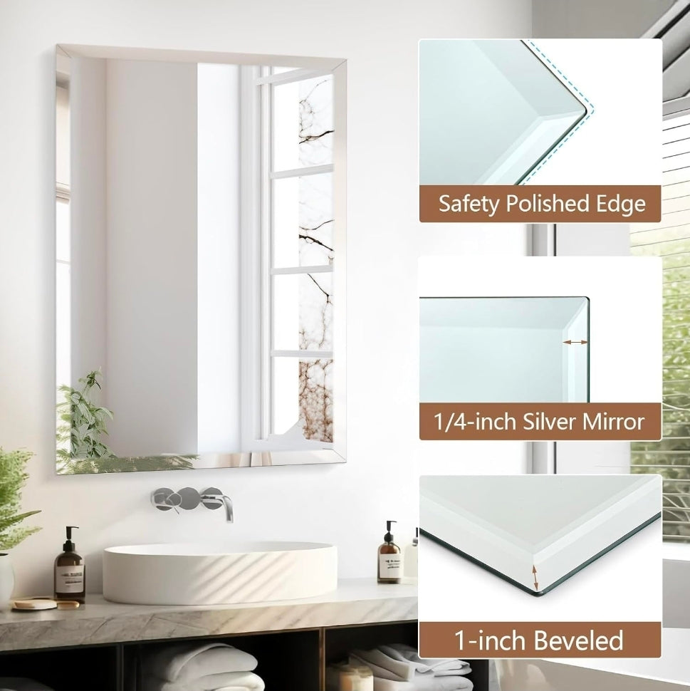 16x24 Inch Rectangle Frameless Mirror, Beveled Bathroom Mirror
Frameless Wall Mirror with 1" Beveled Edge, Tempered Glass, HD,Shatterproof, for Bathroom Vanity, Entryway, Living Room