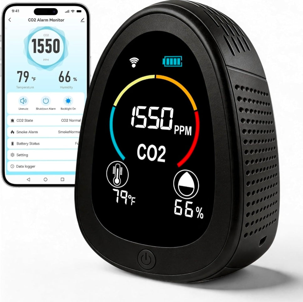 Portable CO2 Monitor Indoor Air Quality Monitor for Home Office
Carbon dioxide detector for CO2, temp & humidity, co2 detector with 1500mAh backup battery, 2.4GHz Wi-Fi, free app