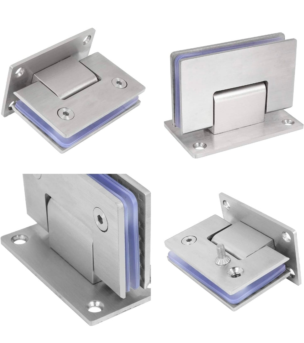 2 Pack 90 Degree Shower Door Hinges, 304 Stainless Steel
4 MM Thick 304 Stainless Steel, Brushed Finish, Non-Slip Gaskets, and Two-Way Swing for 8-12 MM Toughened Glass