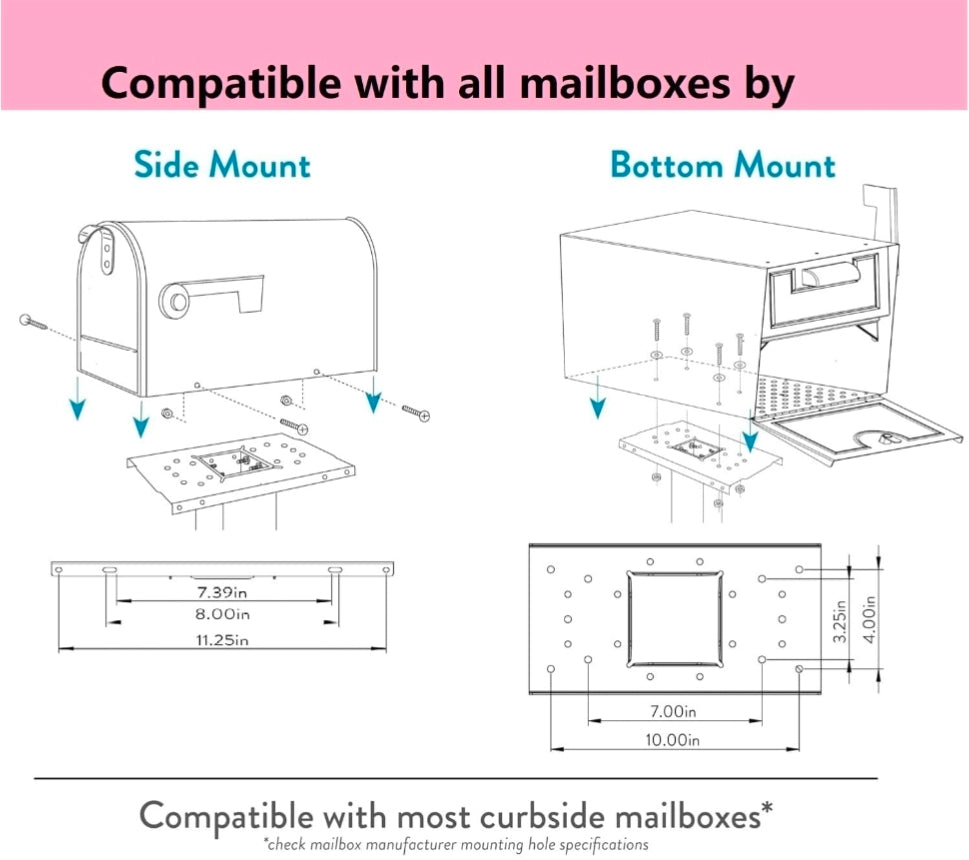 Mailbox Adapter Plate with Mounting Board fits for Most Mailboxes
with bolt and nut .Black powder coating, resistant to corrosion, Easy to install, secure, and highly weather-resistant.