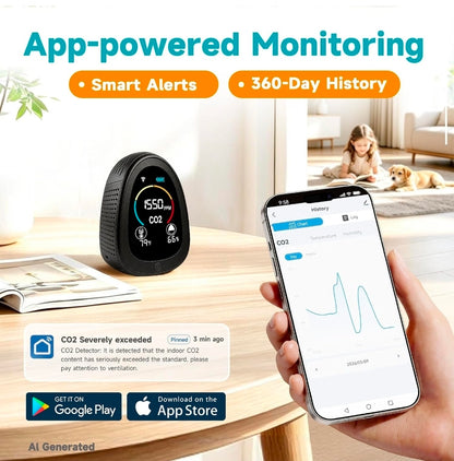 Portable CO2 Monitor Indoor Air Quality Monitor for Home Office
Carbon dioxide detector for CO2, temp & humidity, co2 detector with 1500mAh backup battery, 2.4GHz Wi-Fi, free app