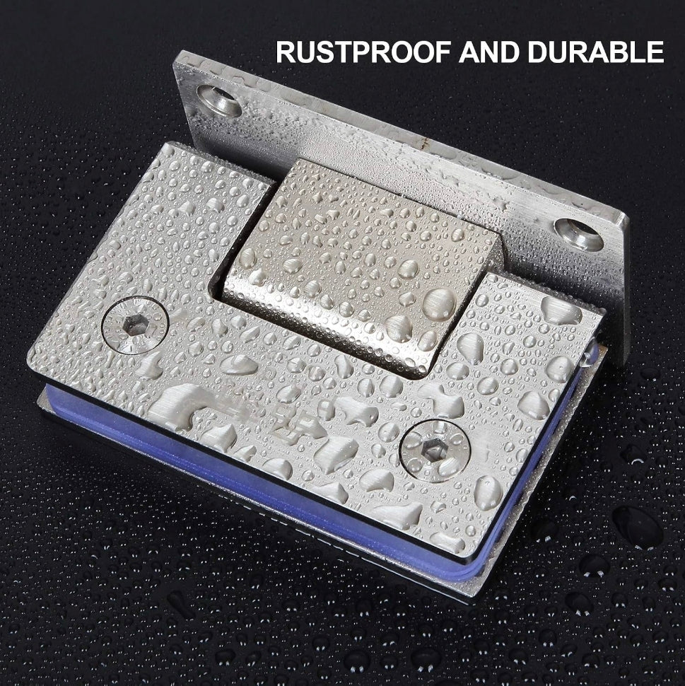 2 Pack 90 Degree Shower Door Hinges, 304 Stainless Steel
4 MM Thick 304 Stainless Steel, Brushed Finish, Non-Slip Gaskets, and Two-Way Swing for 8-12 MM Toughened Glass