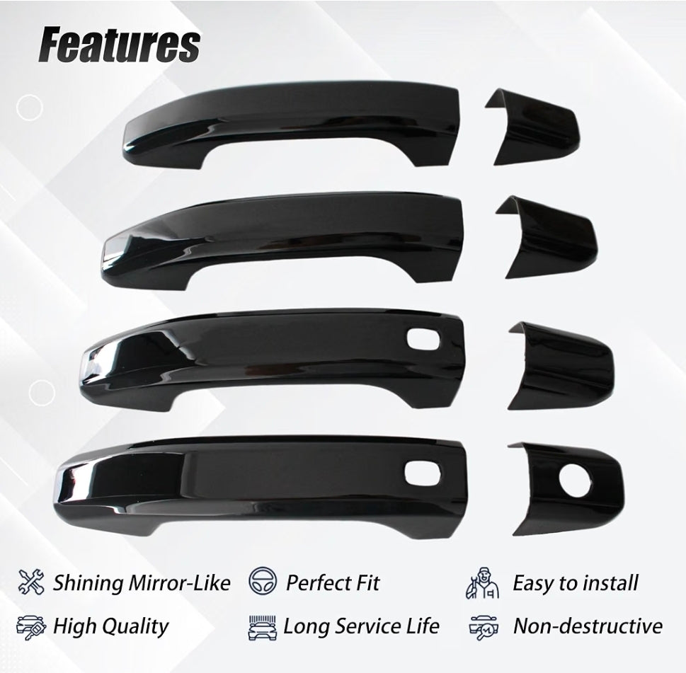 Glossy Black Car Door Handle Cover Trim with 2 Smart Keyhole Button fit 2019-2025 for Chevy Chevrolet Silverado GMC Sierra 1500 2500HD 3500HD Exterior Door Handle Caps Stick-on Protector