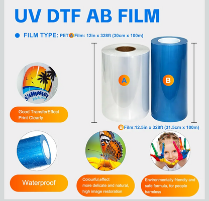 UV DTF AB Transfer Film Roll(12in x 328ft) UV DTF A B Transfer Film for A3 UV DTF Sticker Printer & UV DTF Printer - Crystal Label Sticker Printing Film Kit for Hard Surfaces