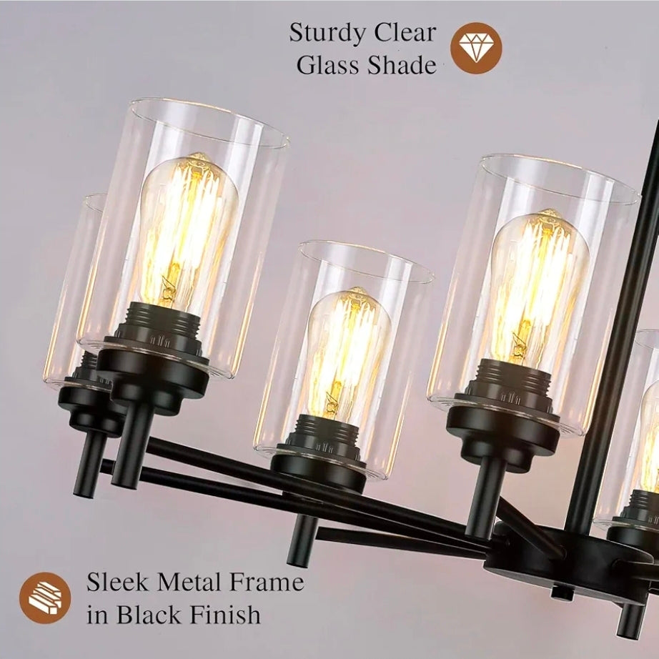 D33.5" Chandelier for Dining Room, 8-Light Black Kitchen Light Fixture
Hanging Height Adjustable, Modern Farmhouse Style, Clear Glass Shade & Durable Metal, Quick & Easy Installation