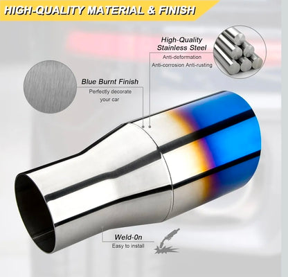 2.5 inch Inlet Exhaust Tip, 3.5" Outlet 7.75" Overall Length,2PCS
Stainless Steel Exhaust Tail Pipe, Weld On, Sleek Angle Cut, Polished Tailpipe, Blue Burnt