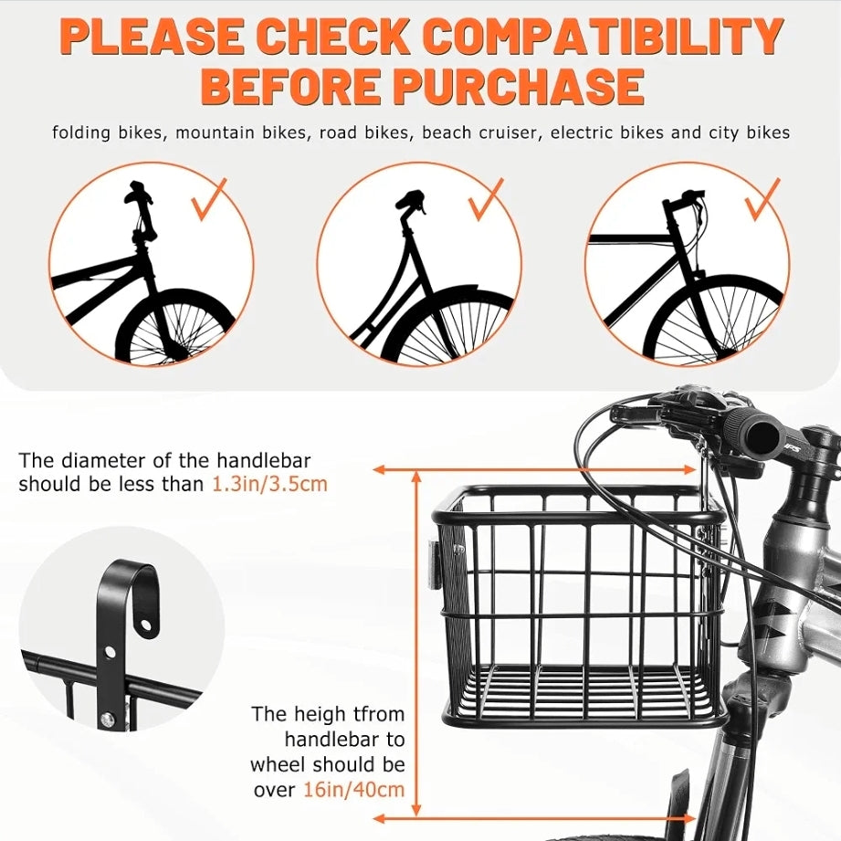 Bike Basket Front with Removable Liner Bag, Large Bicycle Front Basket for Men Women, Heavy Duty Metal Bike Cargo Basket for Adult Bikes, Ebike, Electric Bike, Mountain Bike, City Bike, Cruiser
