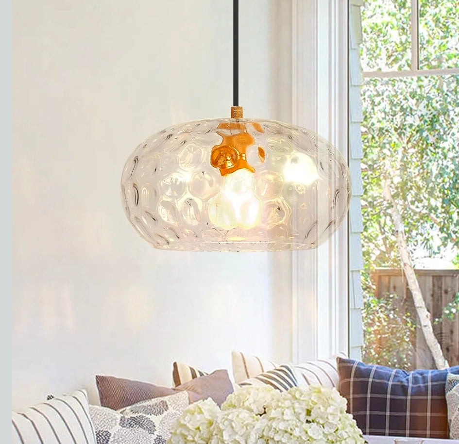 Glass Pendant Lights Kitchen Island 8 Inch Adjustable Pendant Light Fixtures with Hand-Blown Hammer Glass Farmhouse Hanging Light for Kitchen Sink Dining Room Bedroom Hallway