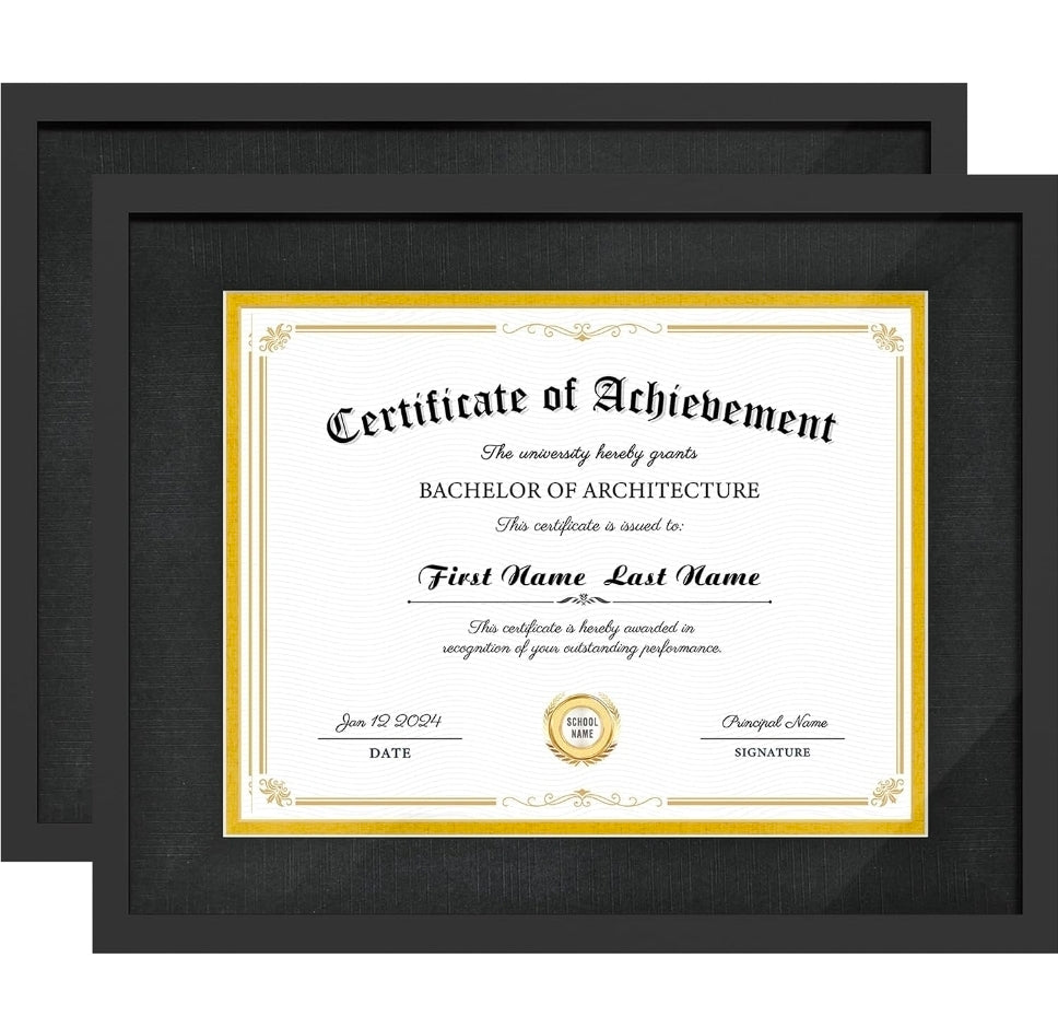11x14 Black Diploma Frames,Gold & Black Mats,Real Glass
Wall or Tabletop Display,Display 8.5x11 with Mat or 11x14 Without Mat,Black Backboard, 2 Pack