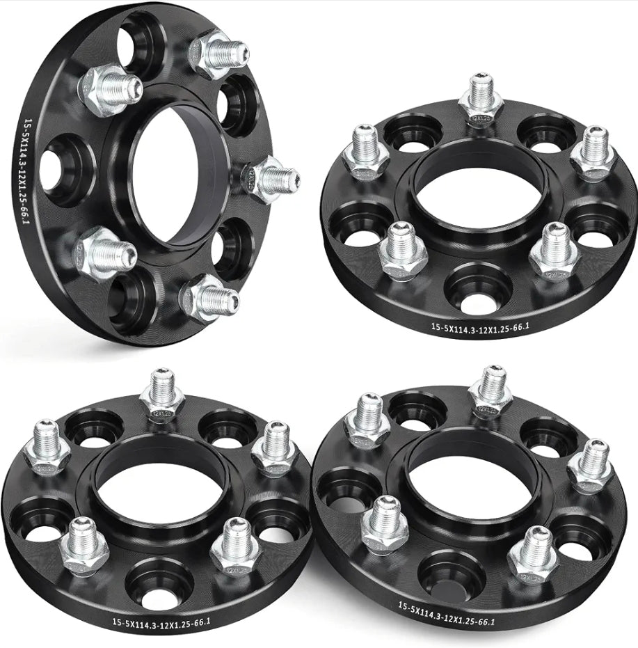 5x4.5 Wheel Spacers 15mm, 66.1 mm Bore Hubcentric M12x1.5 Studs
Compatible with Nissan 1987-1996 300ZX, 2009-2021 370Z, Infiniti 2008-2012 EX35, 2013 EX37, 2003-2012 FX35, 2003-2008 FX45