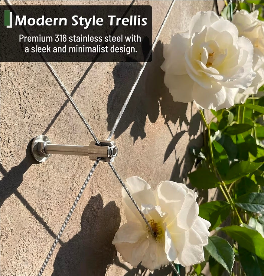 Wire Trellis Kit, 12-Set 5/64” (2mm) Crosshead Kit with 53ft Cable
T316 Marine Grade Stainless Steel, Wall-Mounted Cable Trellis for Climbing Plants Outdoor, Garden Fence Espalier System
