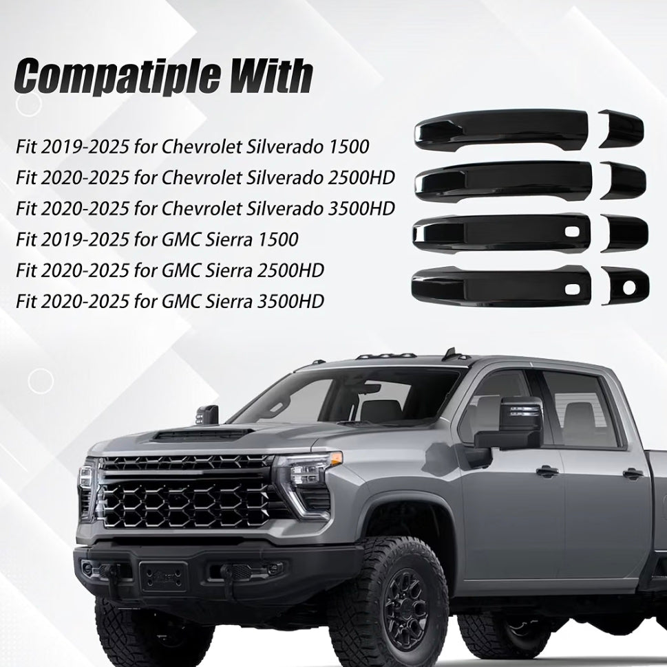 Glossy Black Car Door Handle Cover Trim with 2 Smart Keyhole Button fit 2019-2025 for Chevy Chevrolet Silverado GMC Sierra 1500 2500HD 3500HD Exterior Door Handle Caps Stick-on Protector