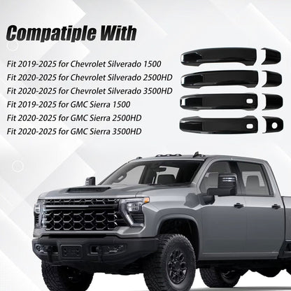Glossy Black Car Door Handle Cover Trim with 2 Smart Keyhole Button fit 2019-2025 for Chevy Chevrolet Silverado GMC Sierra 1500 2500HD 3500HD Exterior Door Handle Caps Stick-on Protector